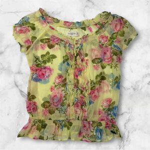 Abercrombie & Fitch Blouse Womens Med Yellow Floral Rose Sheer Chiffon Peasant